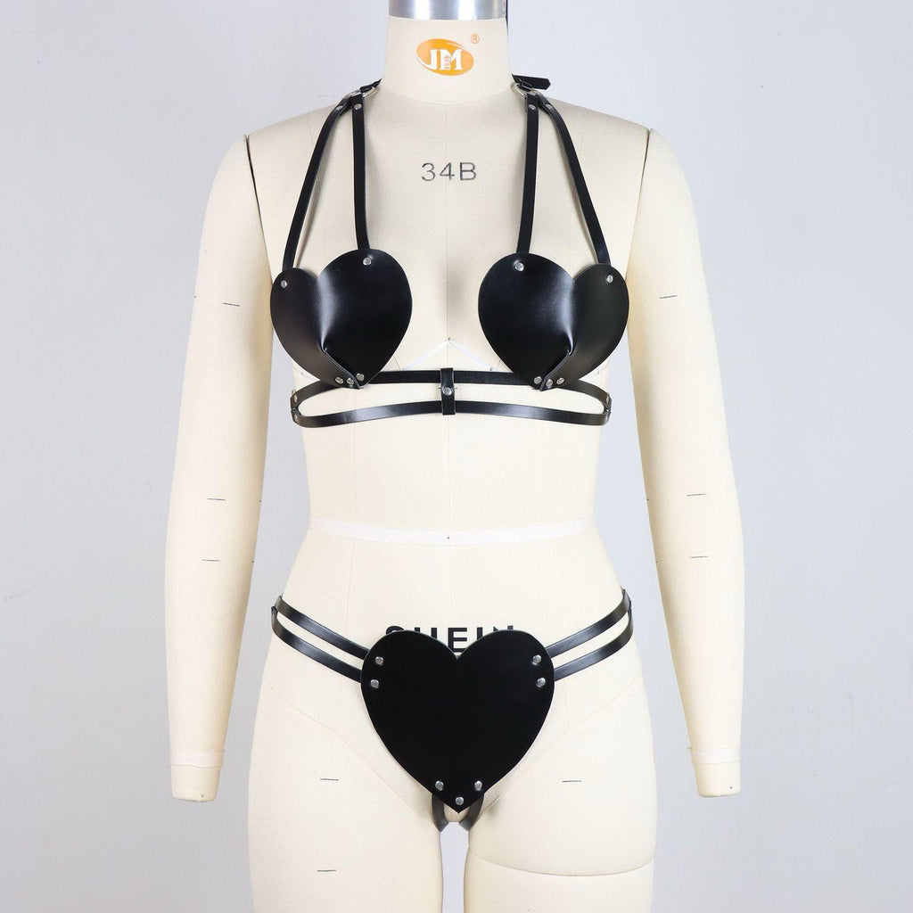 Heart Cup Leather Body Harness Lingerie Set — Bra & Panty