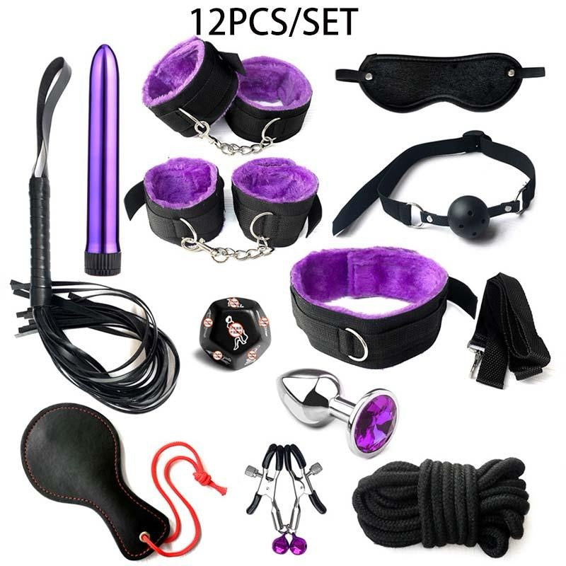 12-Piece BDSM Bondage Set — Cuffs, Collar, Flogger, Vibrator & More